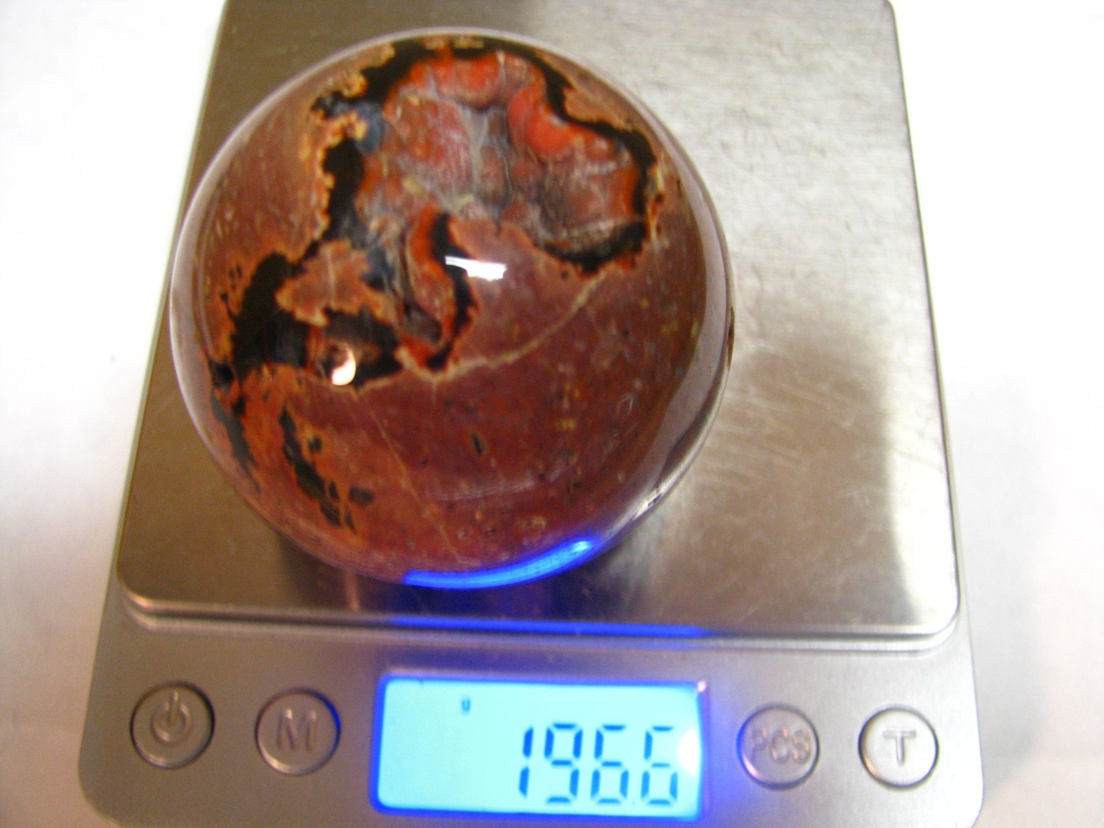 .43lb 2.15inch JASPER SPHERE RED & BLACK CHALCEDONY W/WOOD STAND MADAGASCAR #247