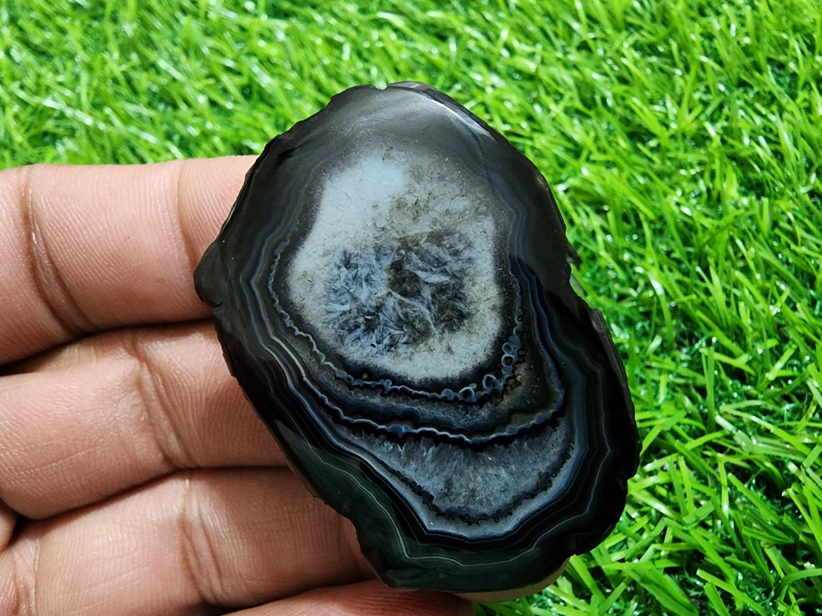 74ct Black Banded Slice Agate Druzy, Polished Geode Slab Crystal Loose Gemstone