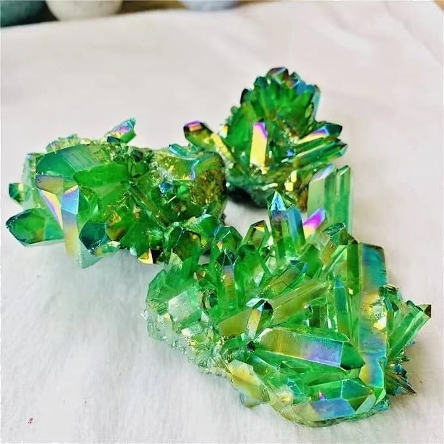 Titanium Aura Rainbow Green Crystal Cluster Healing Geode Rock Decor Gift