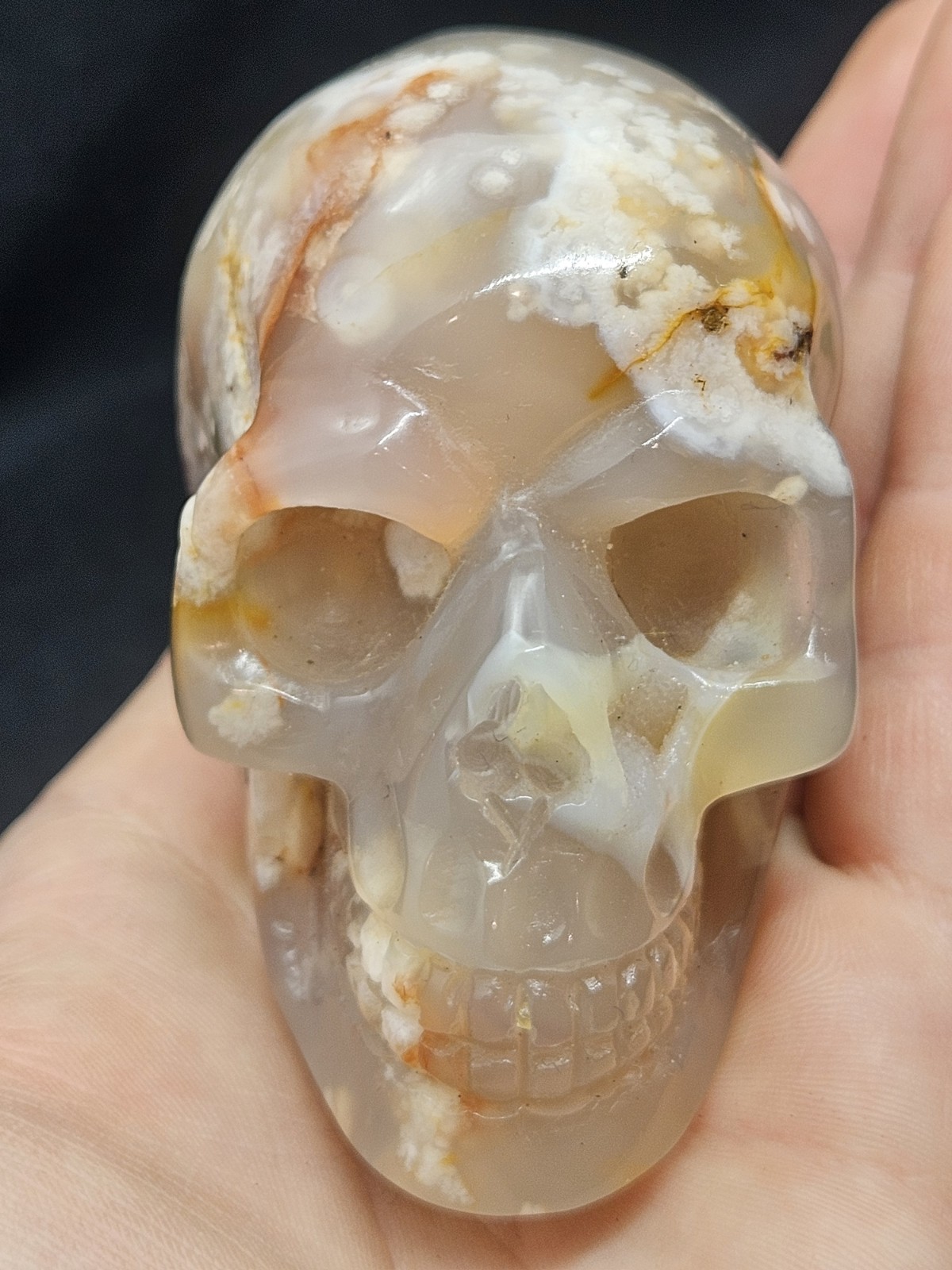 Hand-Carved Flower Agate Crystal Skull – 3.5″ Polished Cherry Blossom Agate