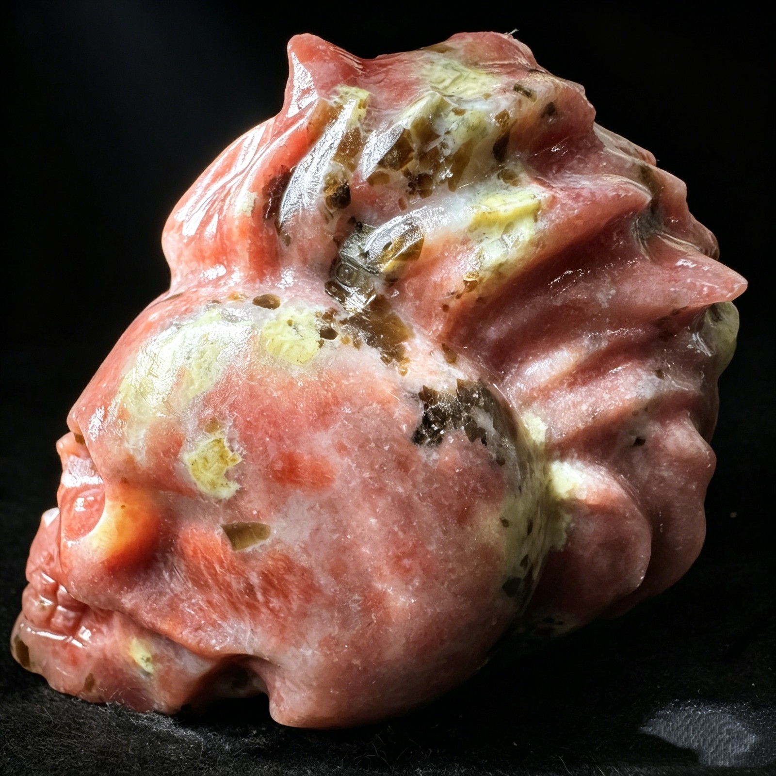 Natural Peach Blossom Tourmaline Skull Carving Figurine Gothic Decor Desk Orname