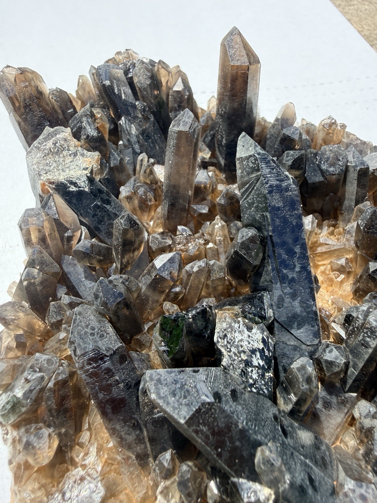 Large Smoky Quartz Cluster with Green Mineral Inclusion Raw Mineral Specimen