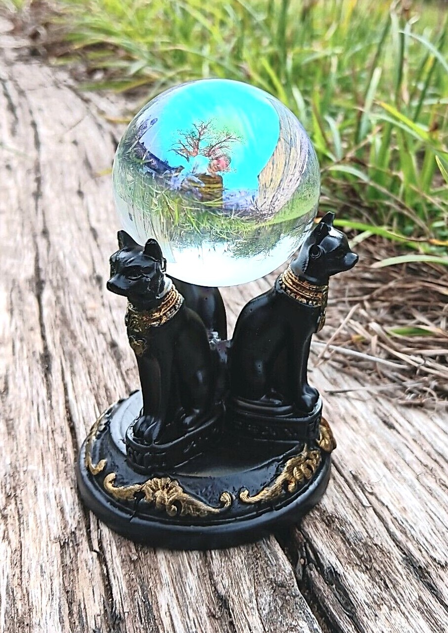 K9 50mm Crystal Ball & Egyptian Bastet Cat Resin Stand – 8 Colors