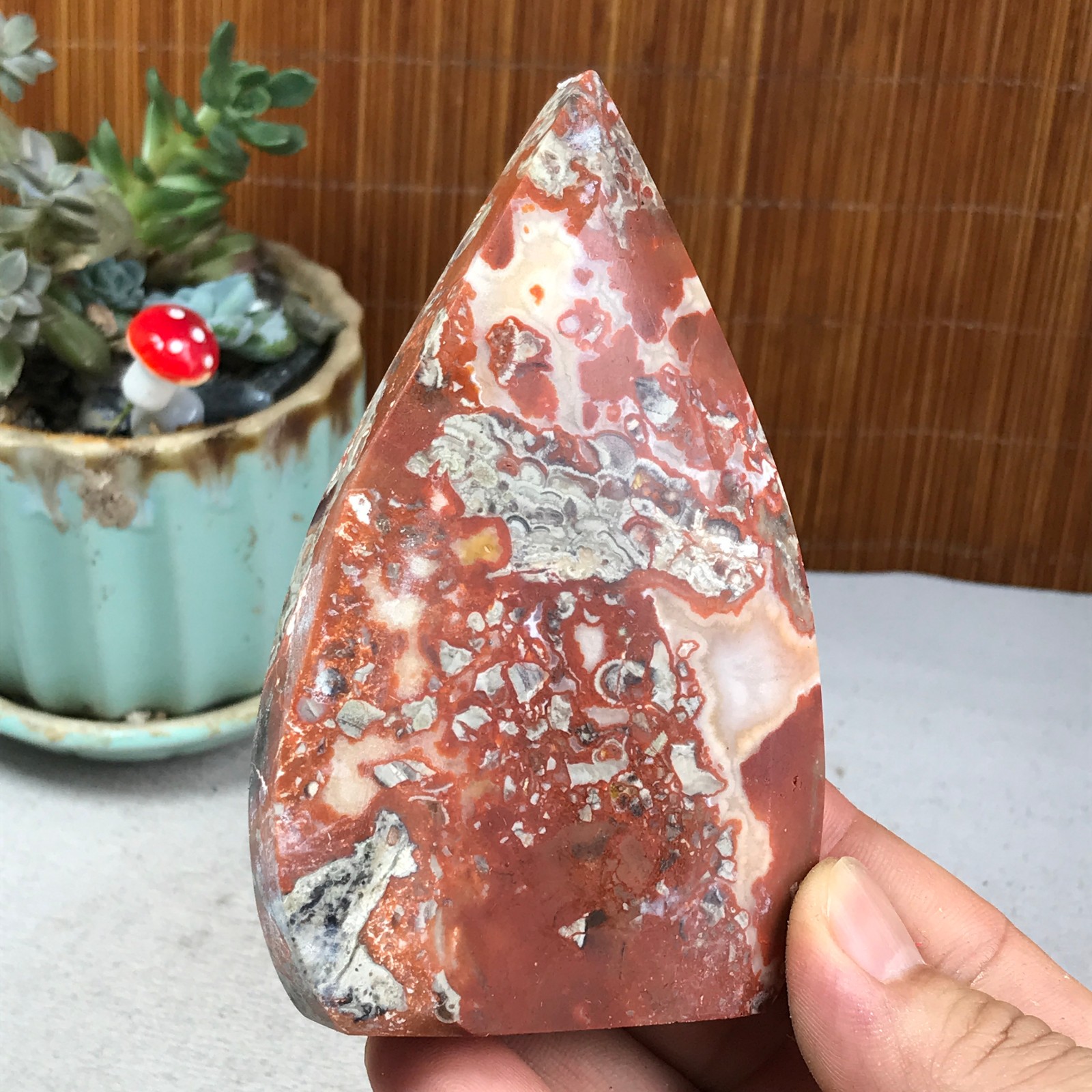 Natural money Mexico agate hand carve leaf Crystal Specimen free standing A6259
