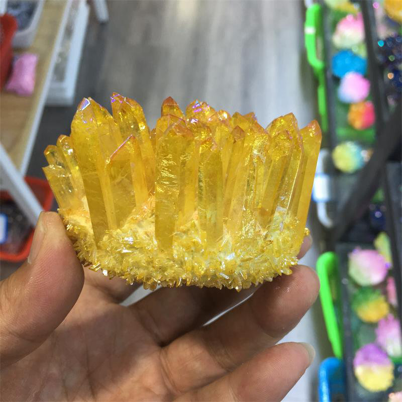 Natural Angel Aura Yellow Energy Titanium Stone Quartz Crystal Cluster Specimen