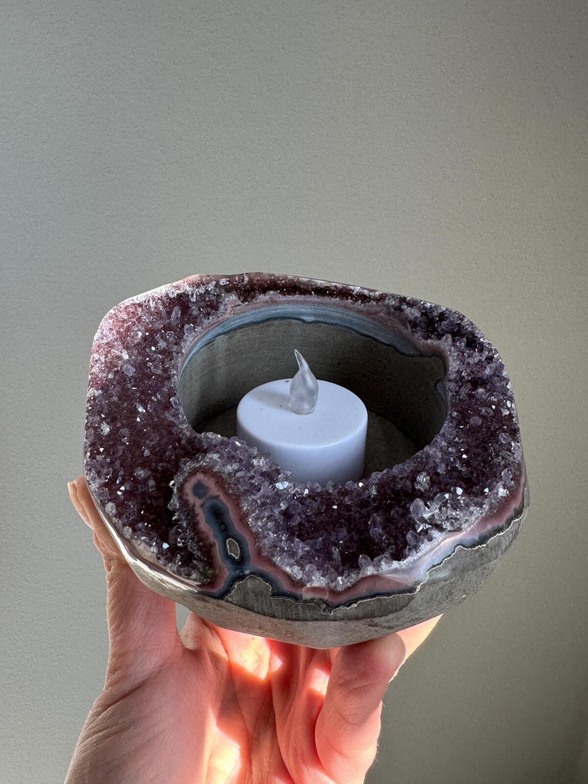 Galaxy Amethyst Crystal Cluster Geode Tea Light Candle Holder Plant Stand A7