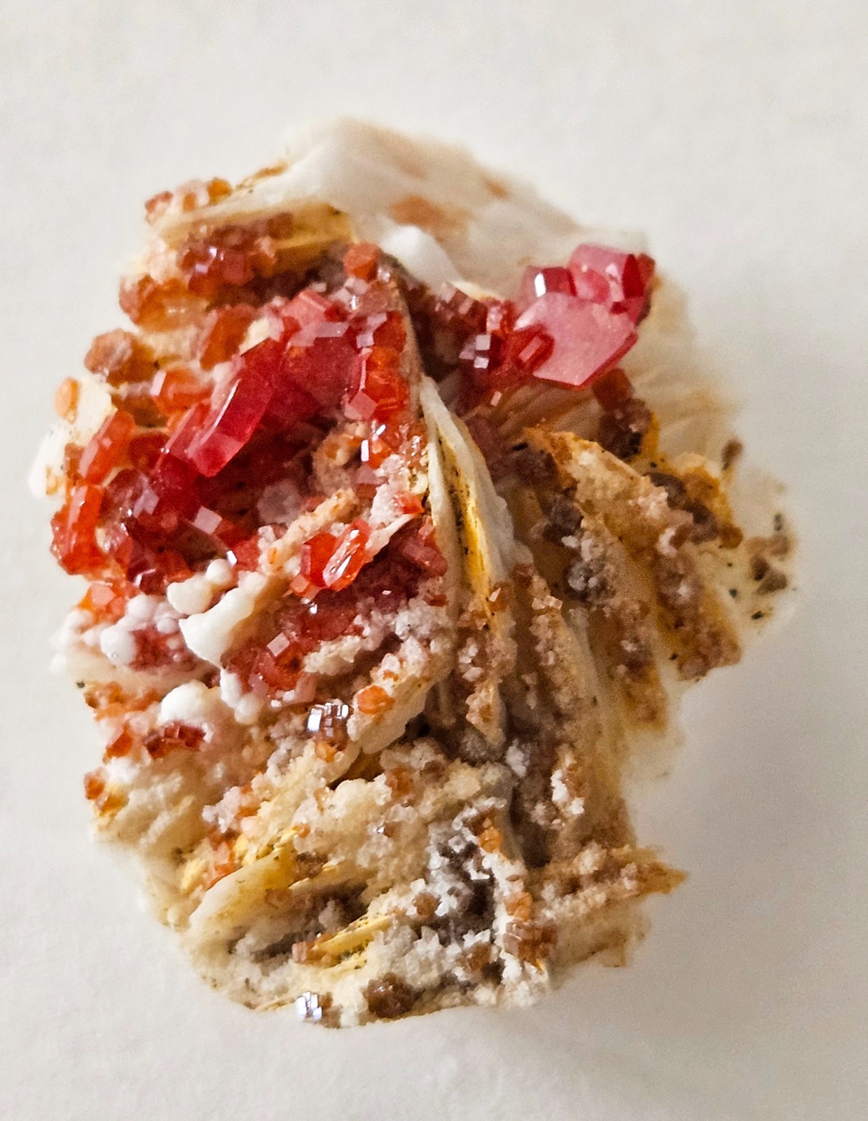Red and Brown Vanadinite Crystals on white Barite – Mibladen, Morocco