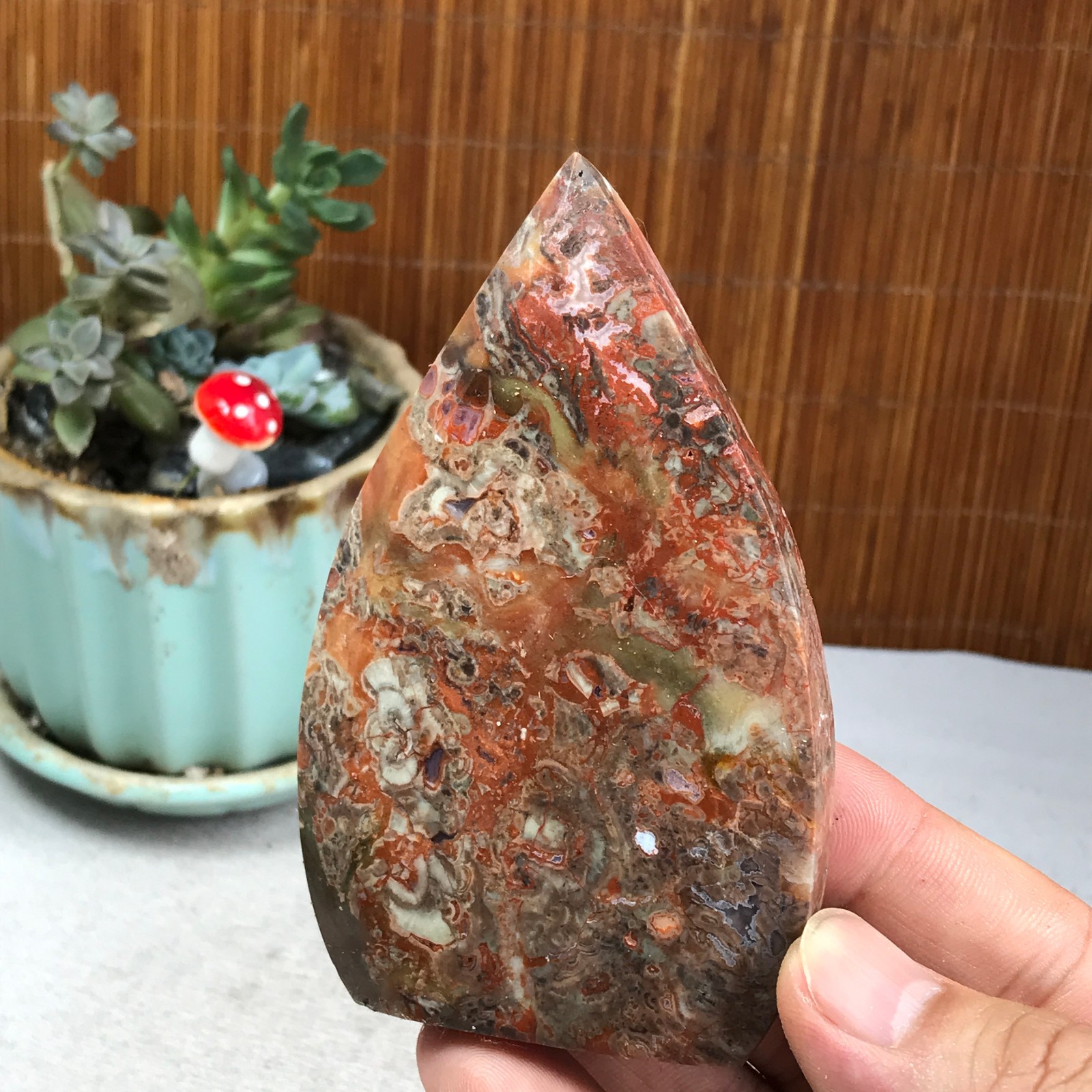 Natural money Mexico agate hand carve leaf Crystal Specimen free standing A6274