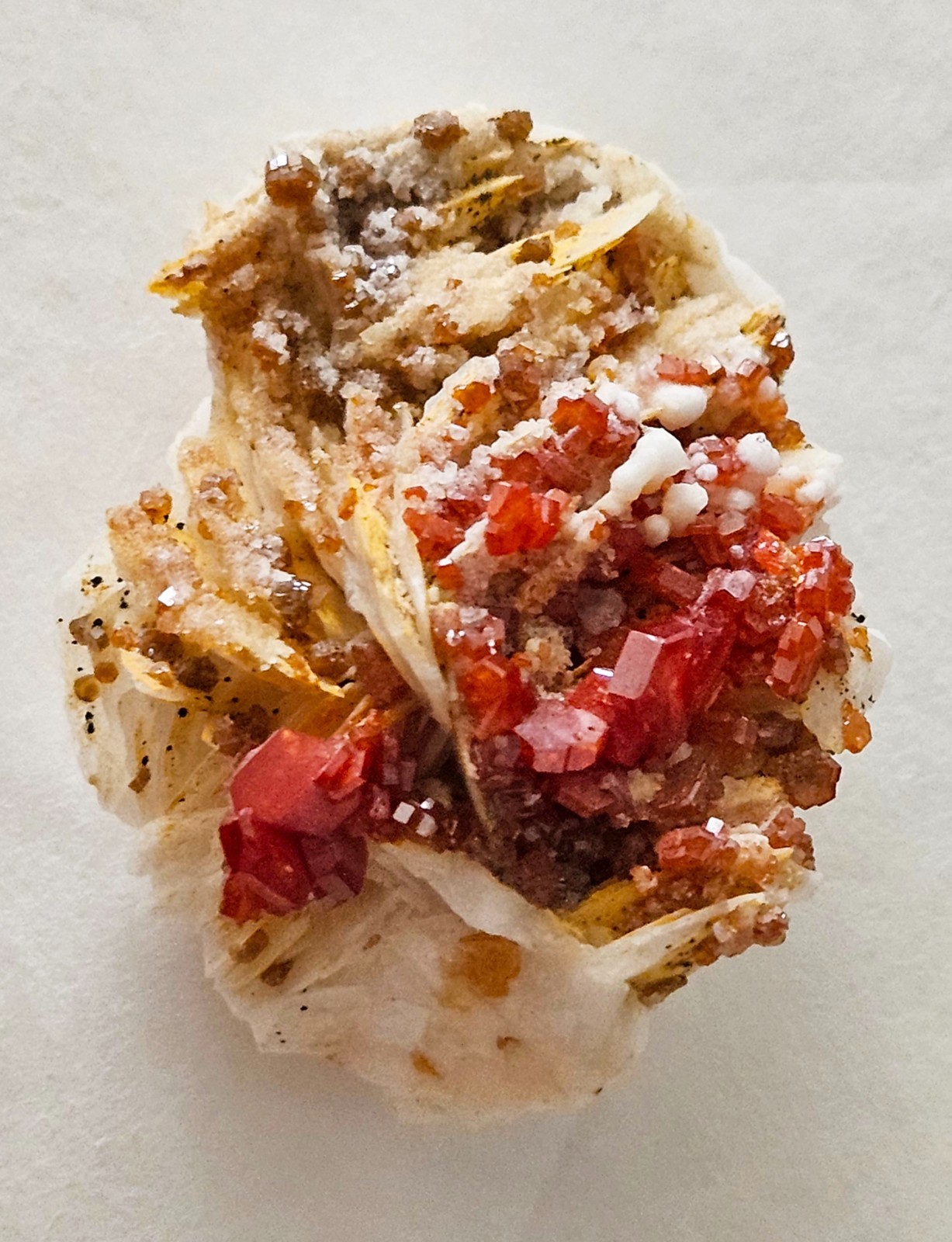 Red and Brown Vanadinite Crystals on white Barite – Mibladen, Morocco