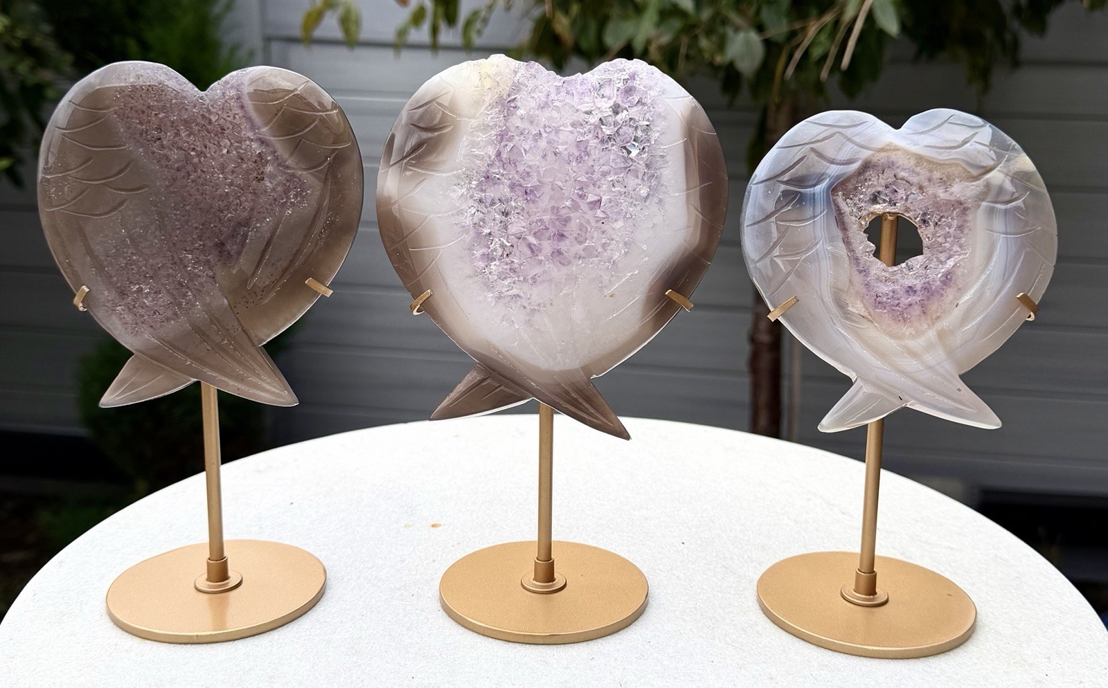 Wholesale Lot 3 Pcs Amethyst Agate Wing Heart Natural Crystal With stand Healing