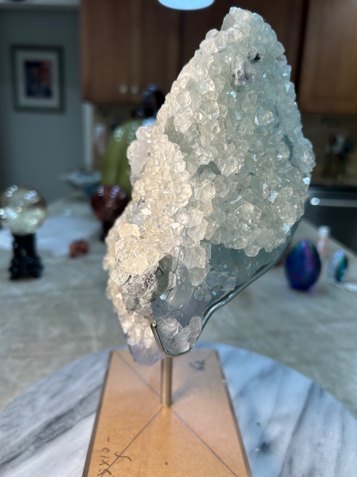 Blue, Green Fluorite Calcite specimen Freeform on acrylic stand UV reactive