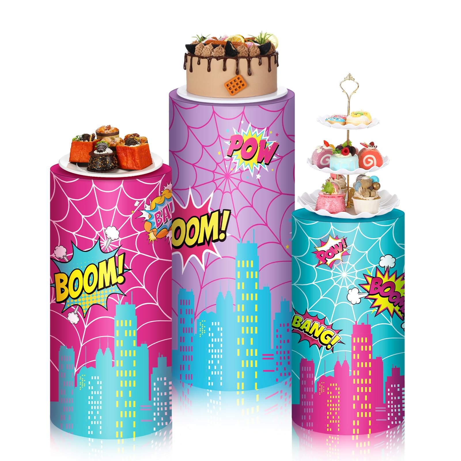 3 Pcs Spider Theme Cylinder Pedestal Stand Covers City Hero Theme Party Suppl…