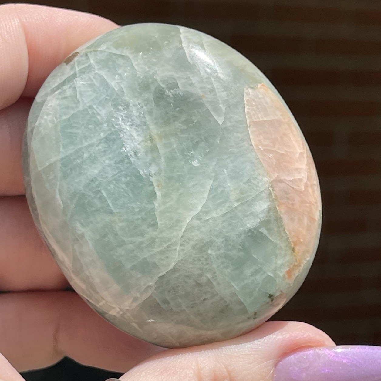 Aquamarine Palmstone – Opaque Blue Green Color With Peach Morganite Inclusion