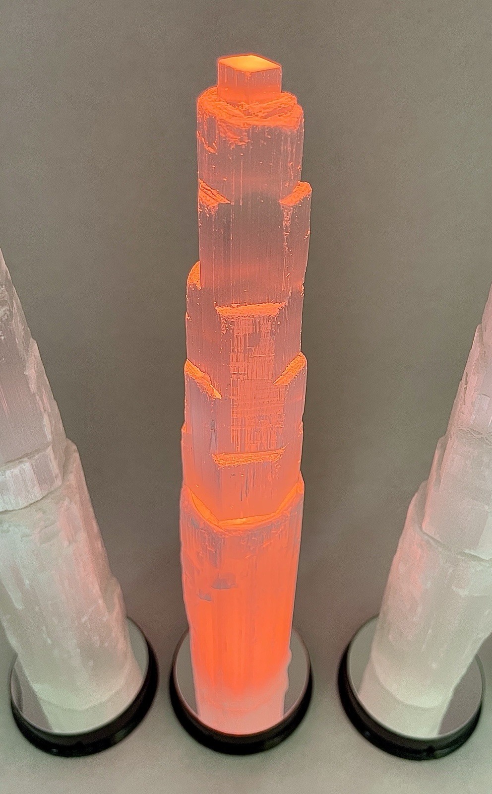 12” Display Crystals Of Satin Spar Tower W/ 6 Color LED Light Stands Included!