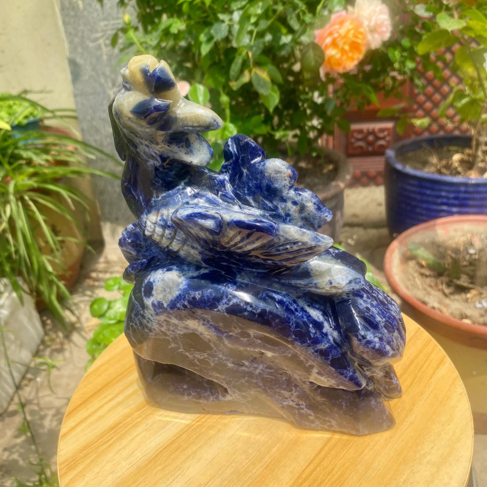 6.17LB Natural Blue Vein Stone Phoenix Carving, Home Decoration