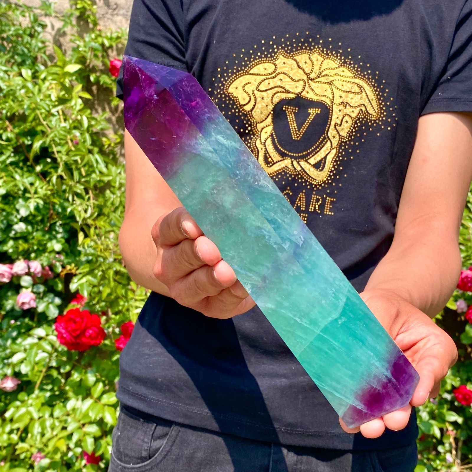 2.9LB Natural rainbow fluorite obelisk quartz crystal wand point Gem Healing