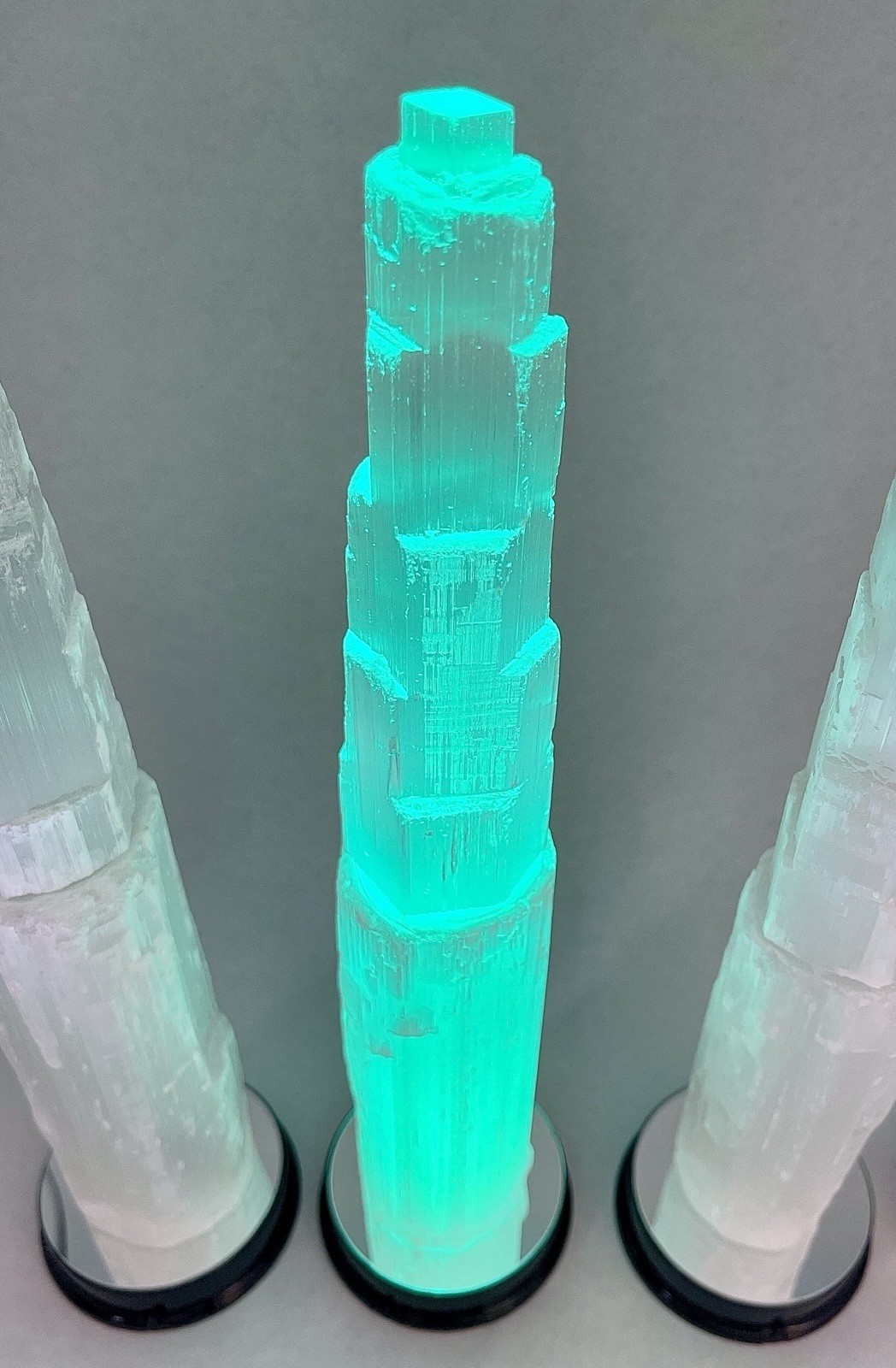 12” Display Crystals Of Satin Spar Tower W/ 6 Color LED Light Stands Included!