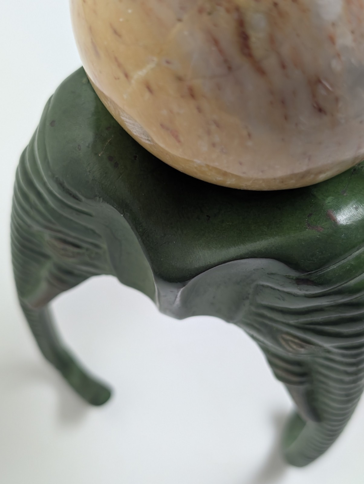 Elephant Head Sphere Stand w Marble Onyx Ball Verdigris Green 8″