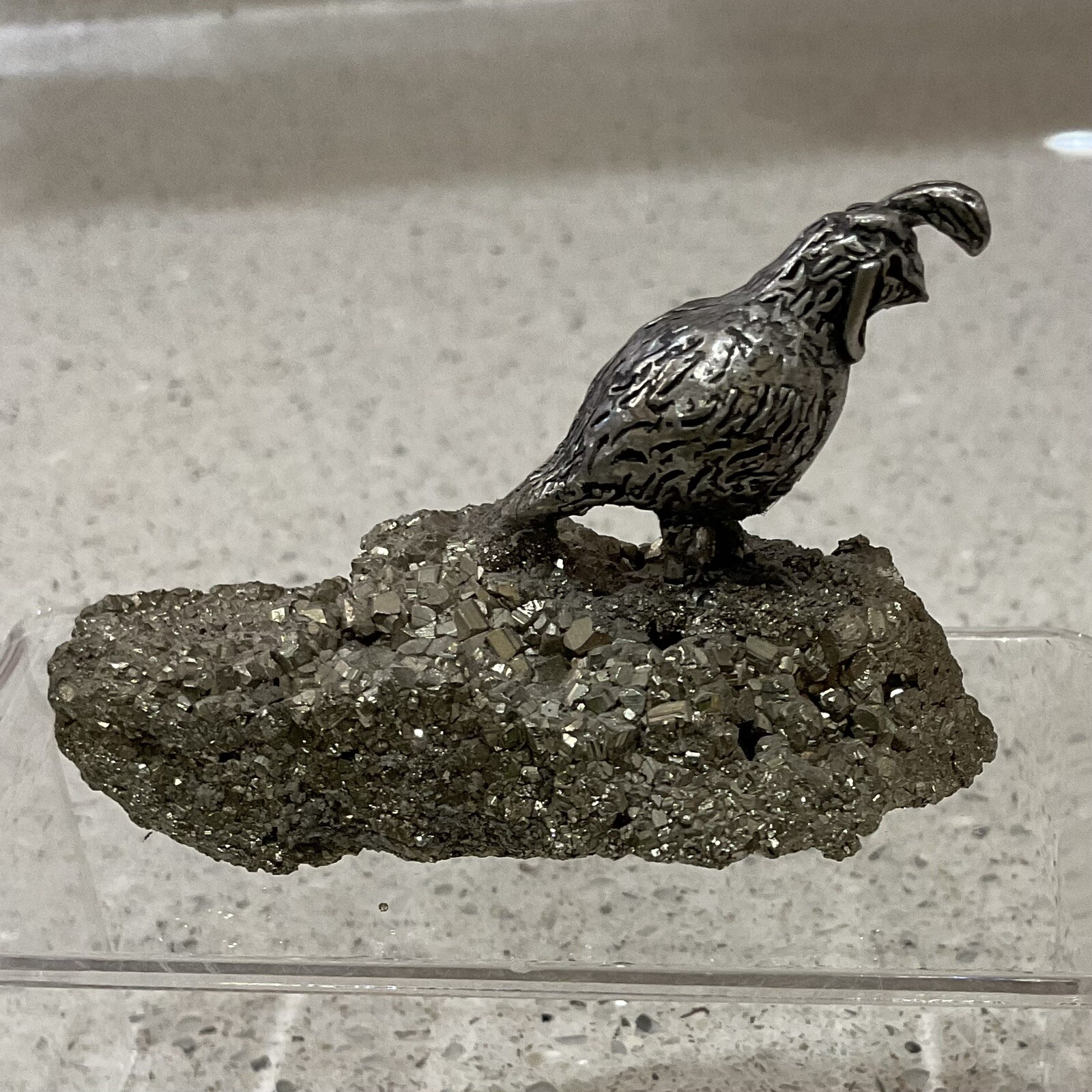 Vintage Pewter Quail Figurine On Iron Pyrite Base Miniature Bird Rock 1.75″ Tall