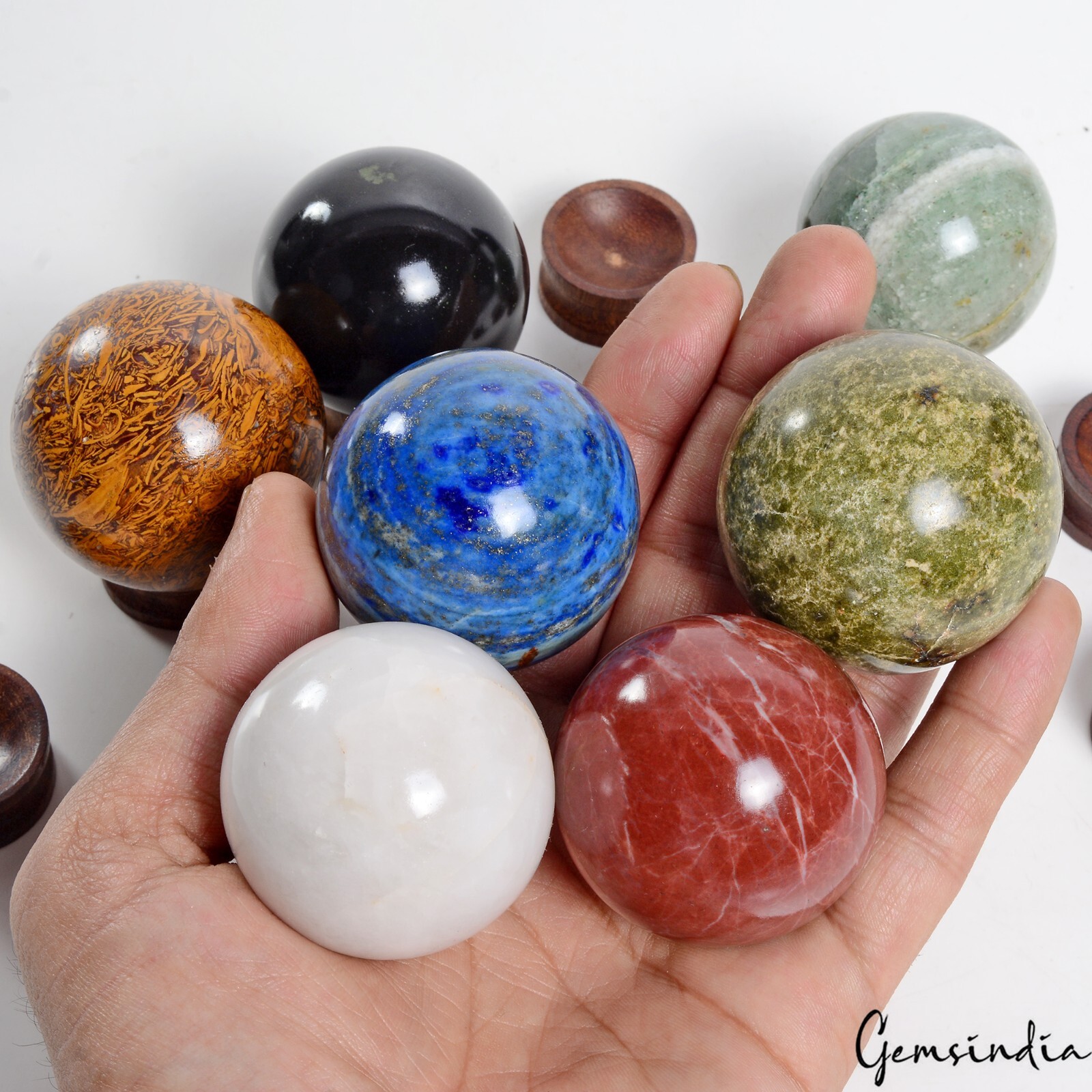 4880 Ct 7 Pcs Set Of Multigems Crystal Sphere Ball Polished Healing w/ Stand