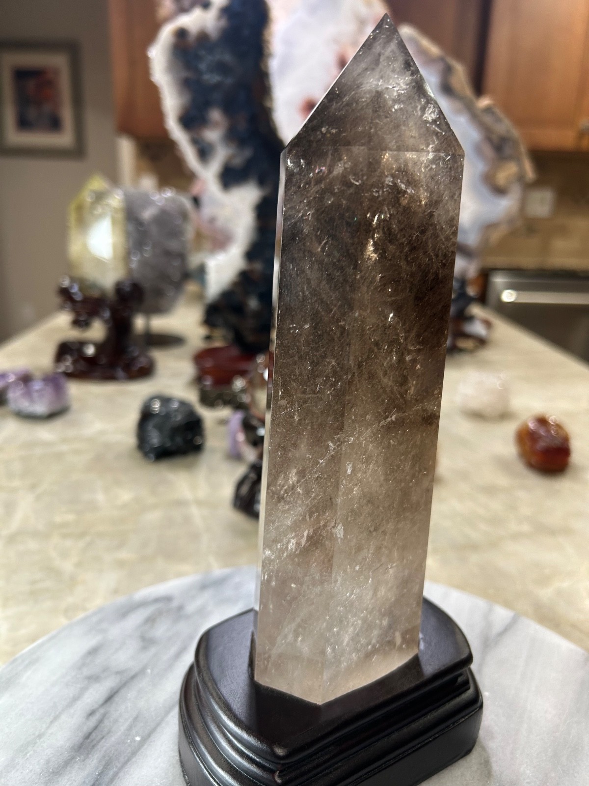 Smoky quartz tower with custom wood stand