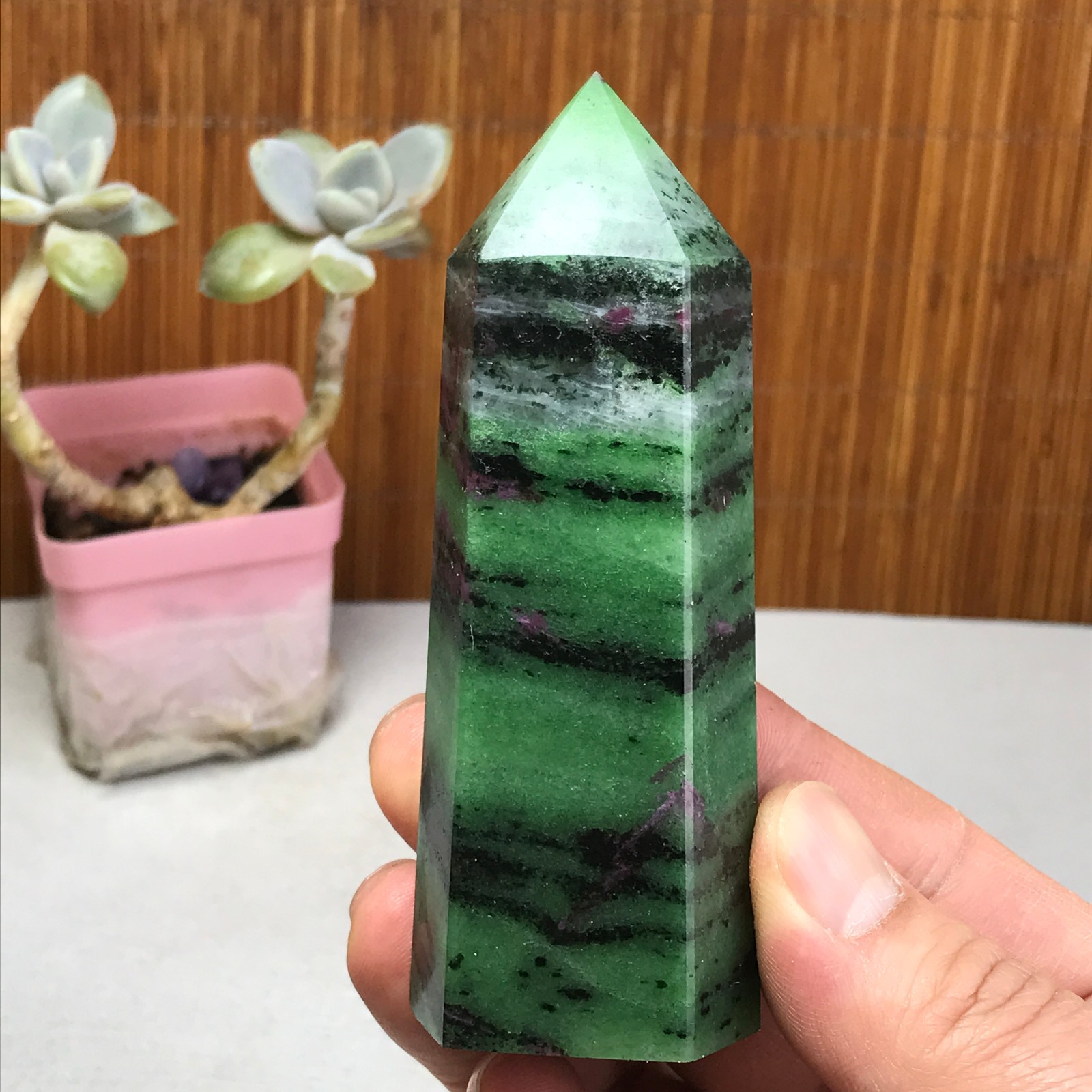 101-35-28mm Natural epidote wand Obelisk Crystal Quartz specimens 210g A3467