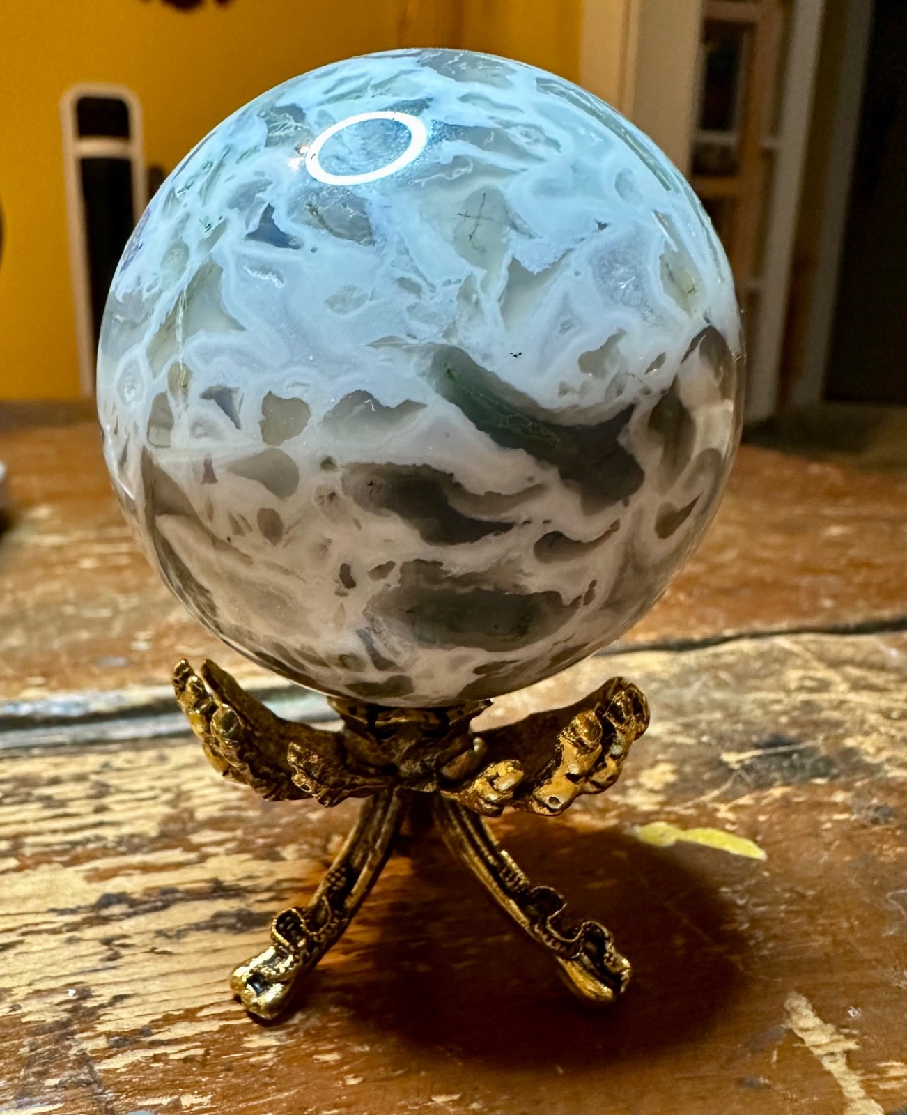 Light green moss agate crystal sphere with druzy metal stand Free shipping