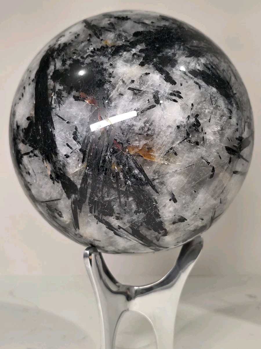 16.8LB 7″ Huge Tourmalinated Quartz Sphere Black Tourmaline Crystal Orb / Stand