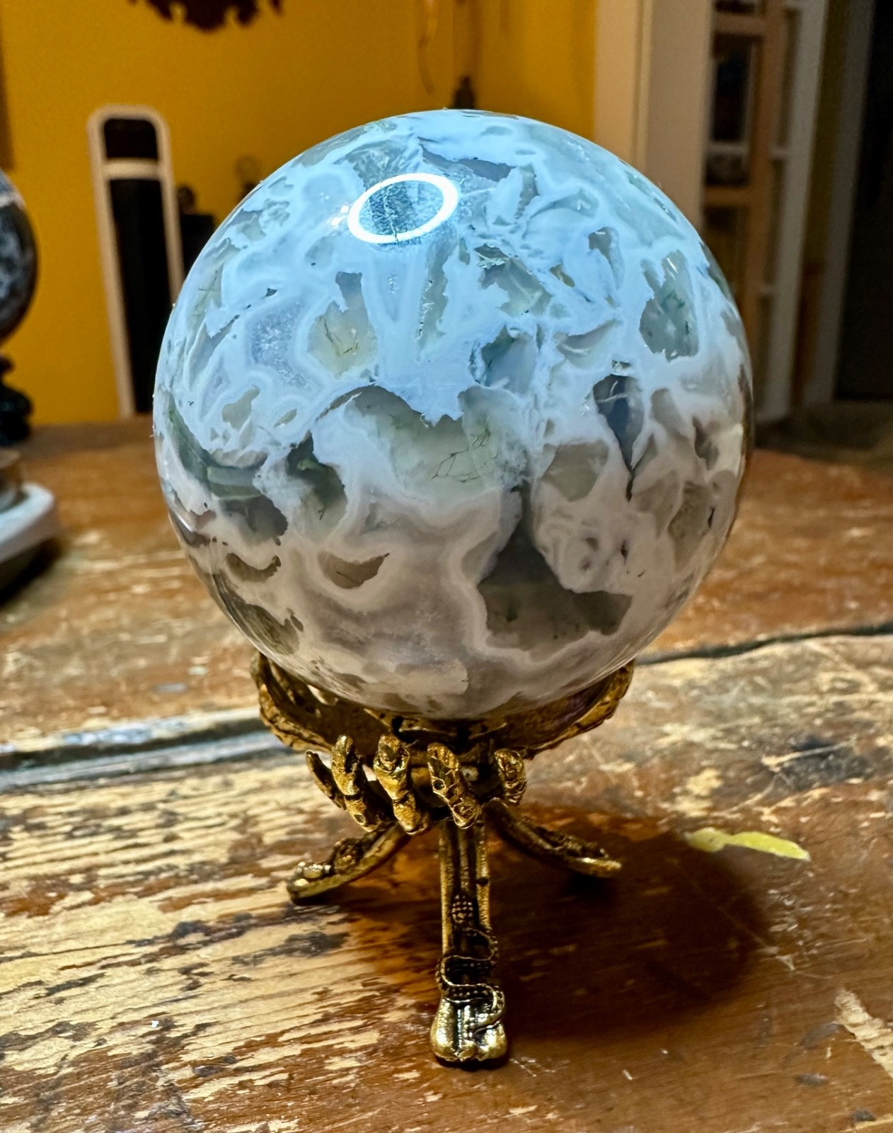 Light green moss agate crystal sphere with druzy metal stand Free shipping