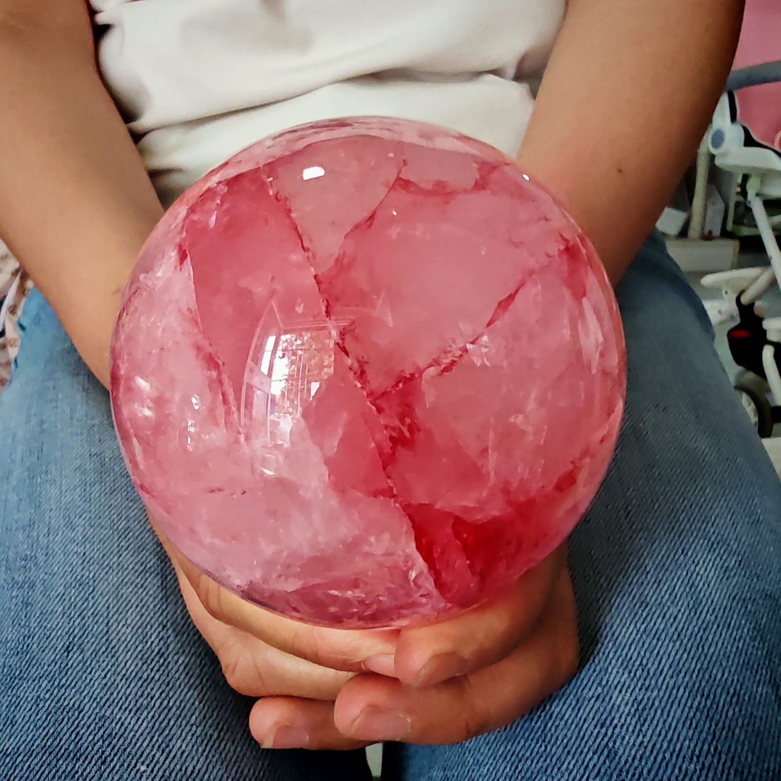2.42LB TOP Natural Red gum flower quartz ball crystal Hand carved Decorative