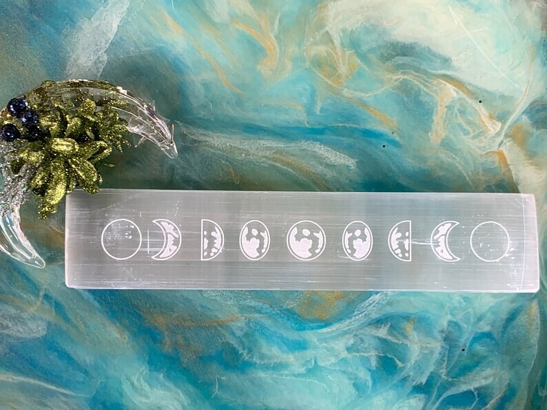 8” Moon Phase Wand, Selenite Gemstone, White Selenite, Gypsum Crystals, Selenite
