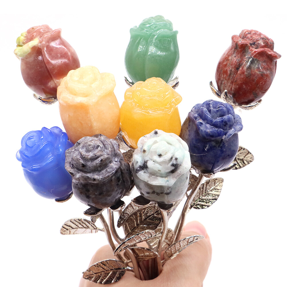 Crystal Carved Rose Flower Natural Stone Crafts Home Decor Valentines Day Gift