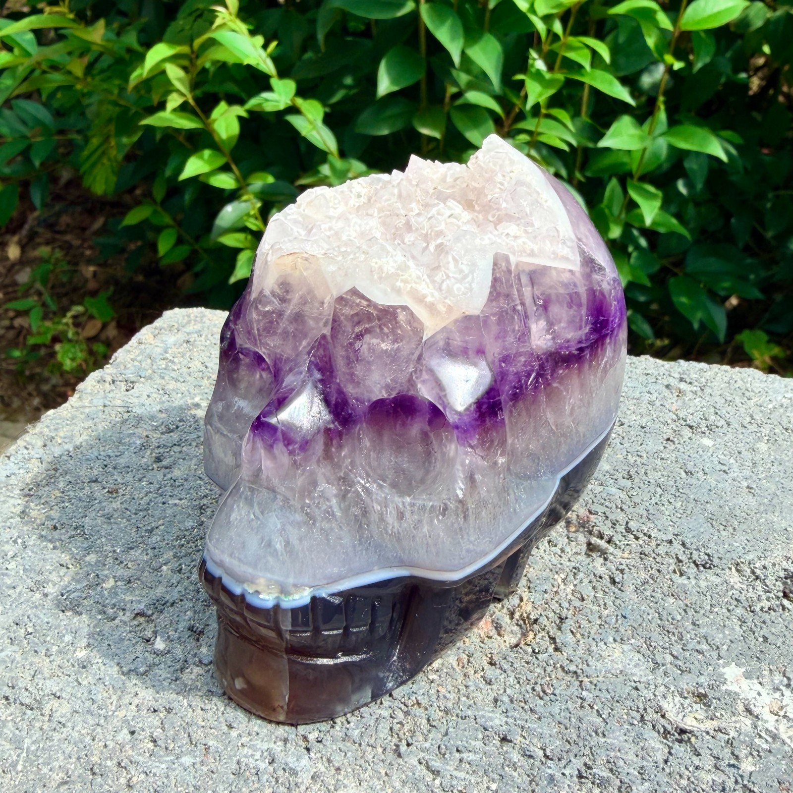 1.43lb Amethyst agate crystal cave skull, Rare hand carved skull specimen