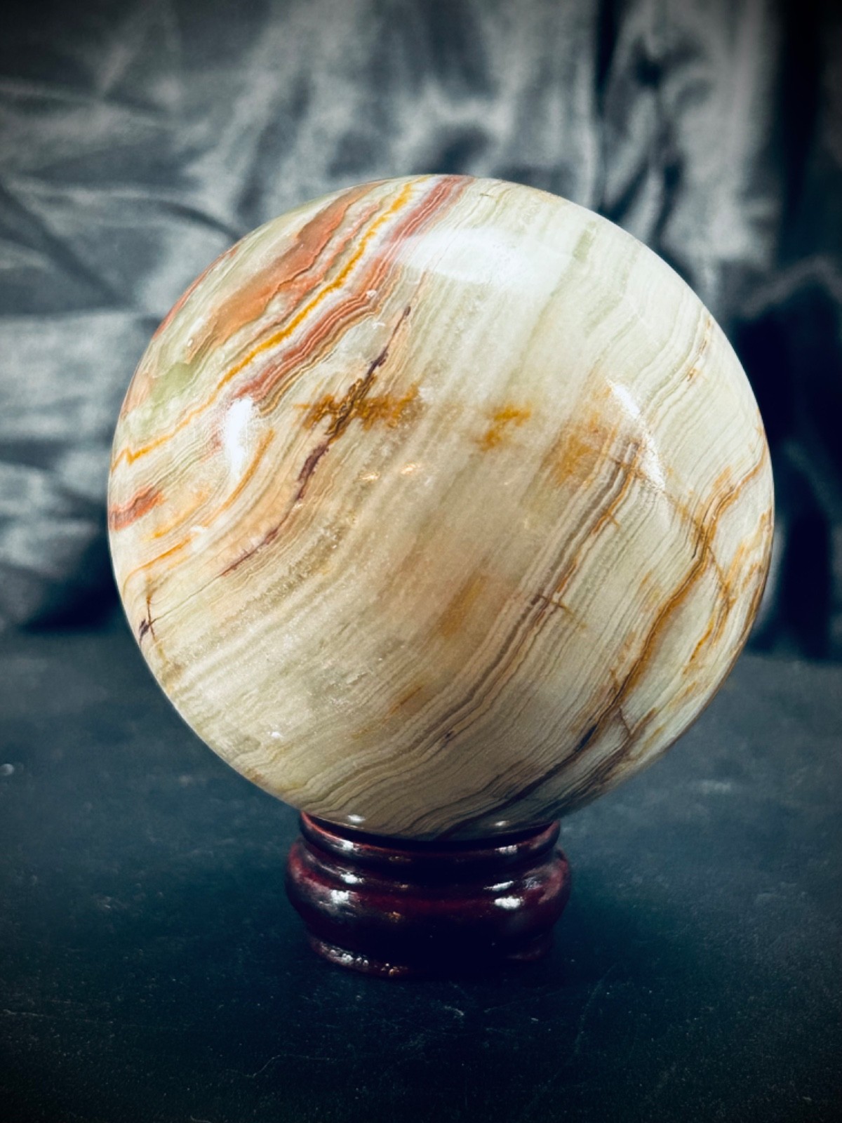 2.95″ Banded Calcite (Green Banded Onyx) Sphere with Wood Stand 1lb 5oz