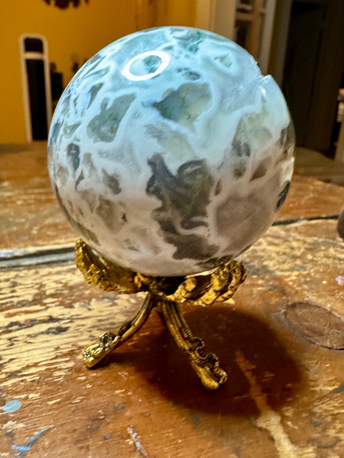 Light green moss agate crystal sphere with druzy metal stand Free shipping