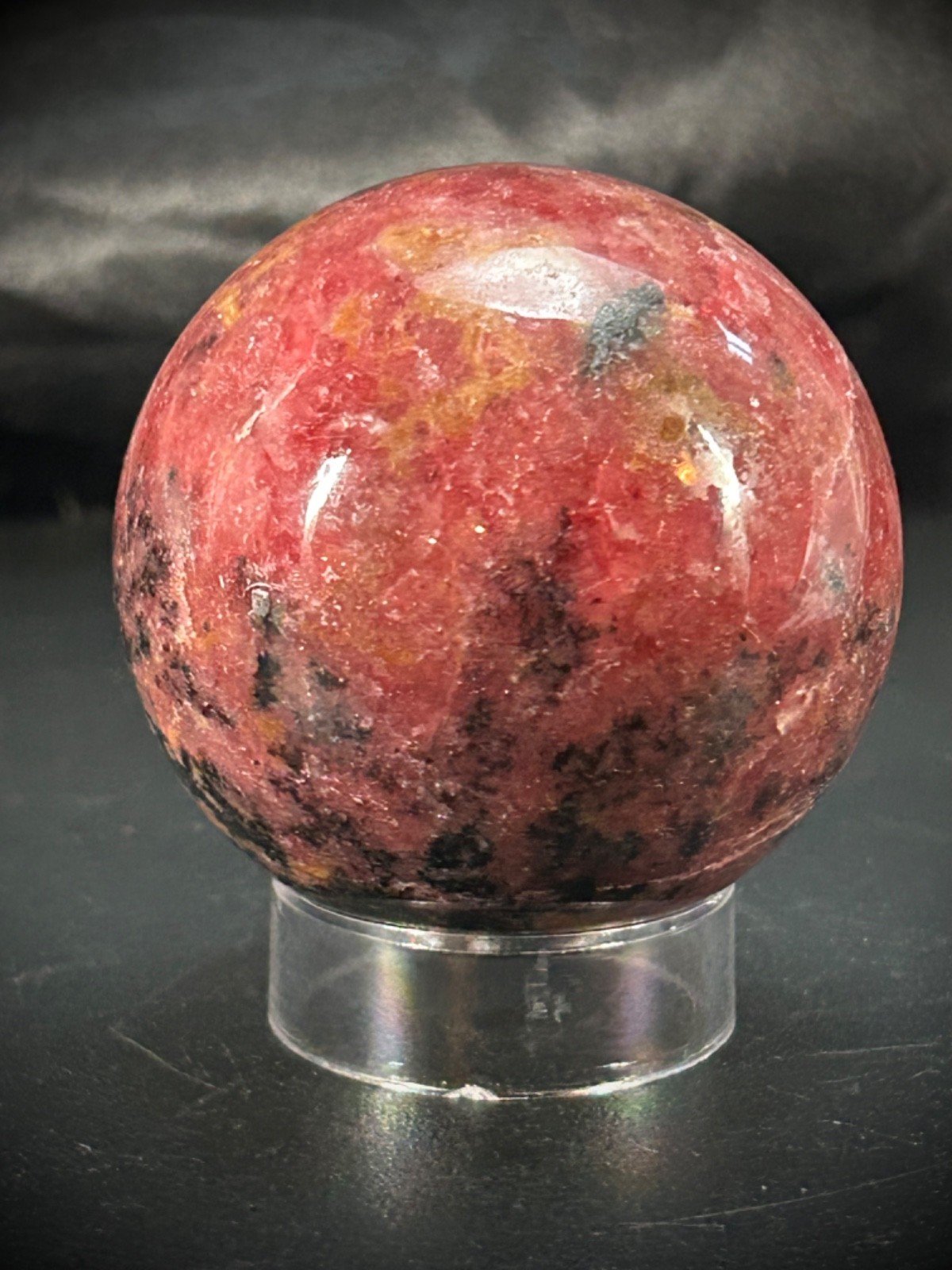 2.06″ Rhodonite Sphere With Acrylic Stand 9.9oz (281 grams)