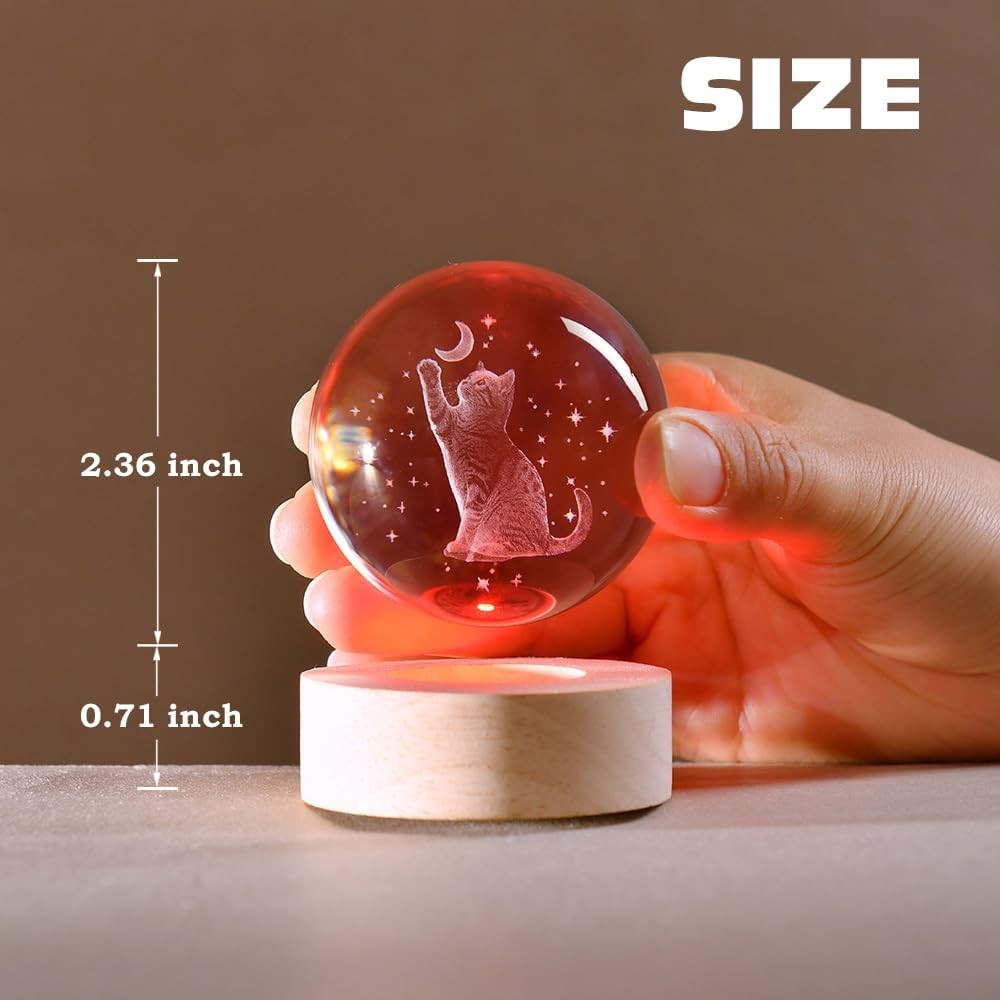 Cat Gifts for Women 3D Crystal Ball Lamp 60mm Glass Decorative With Moon