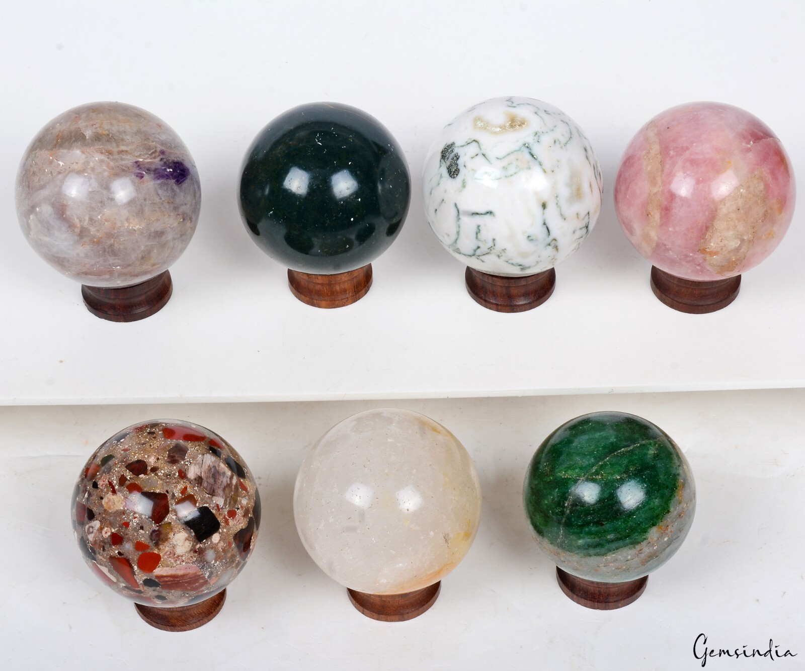 1.28 Kg 7 Pc Set Of Multi gemstone Crystal Sphere Ball Polished Healing w/ Stand