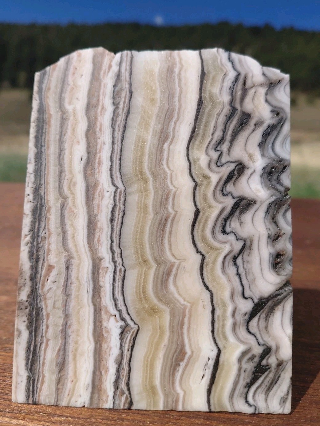 Zebra Calcite Polished Crystal Pyramid 2 3/4Lb Bands UV+ 4 3/4″× 3 1/2″ ×3 1/2