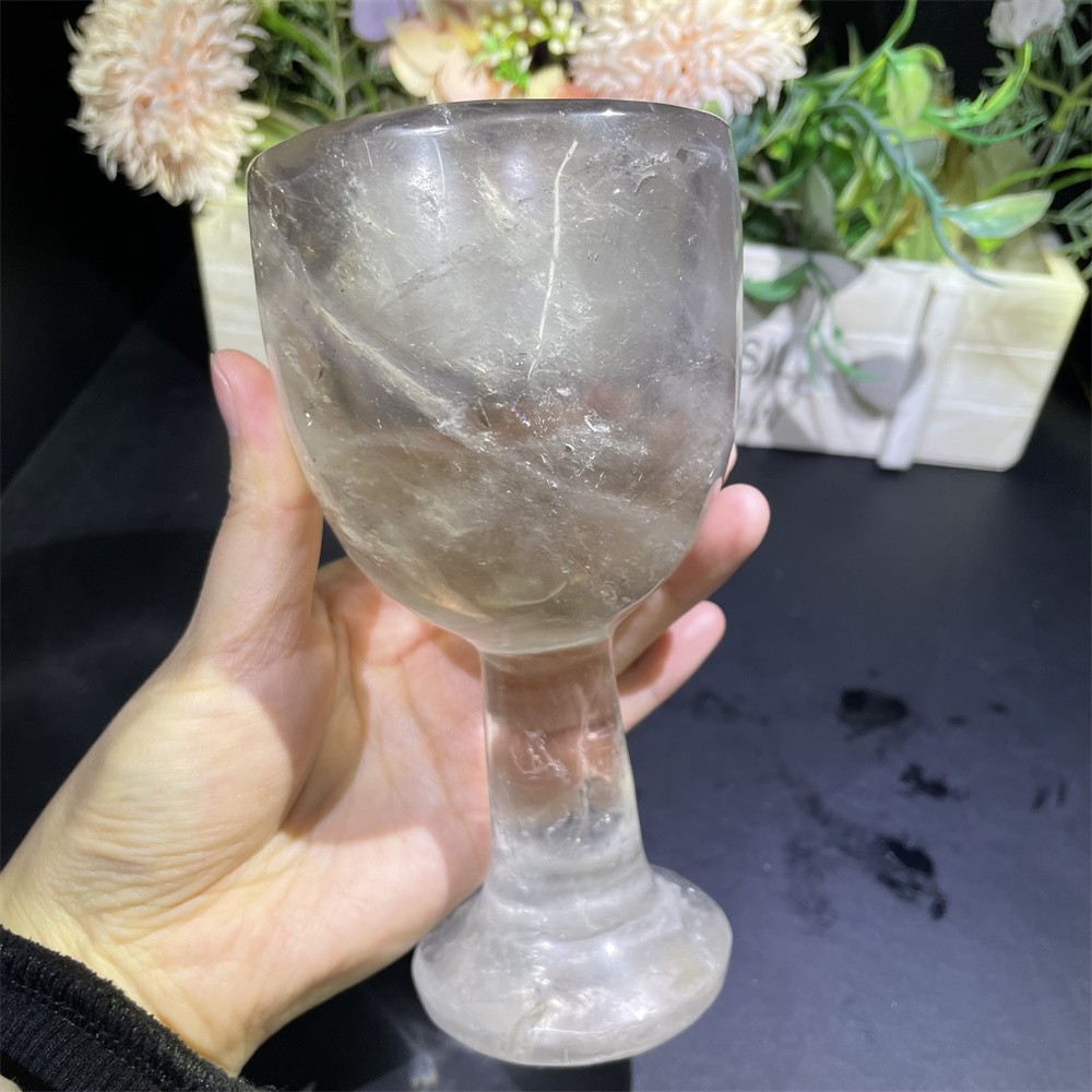 1.4LB 5.9″Natural Smoky Quartz Wine Glass Crystal Reiki Heal Carving Gift Decor