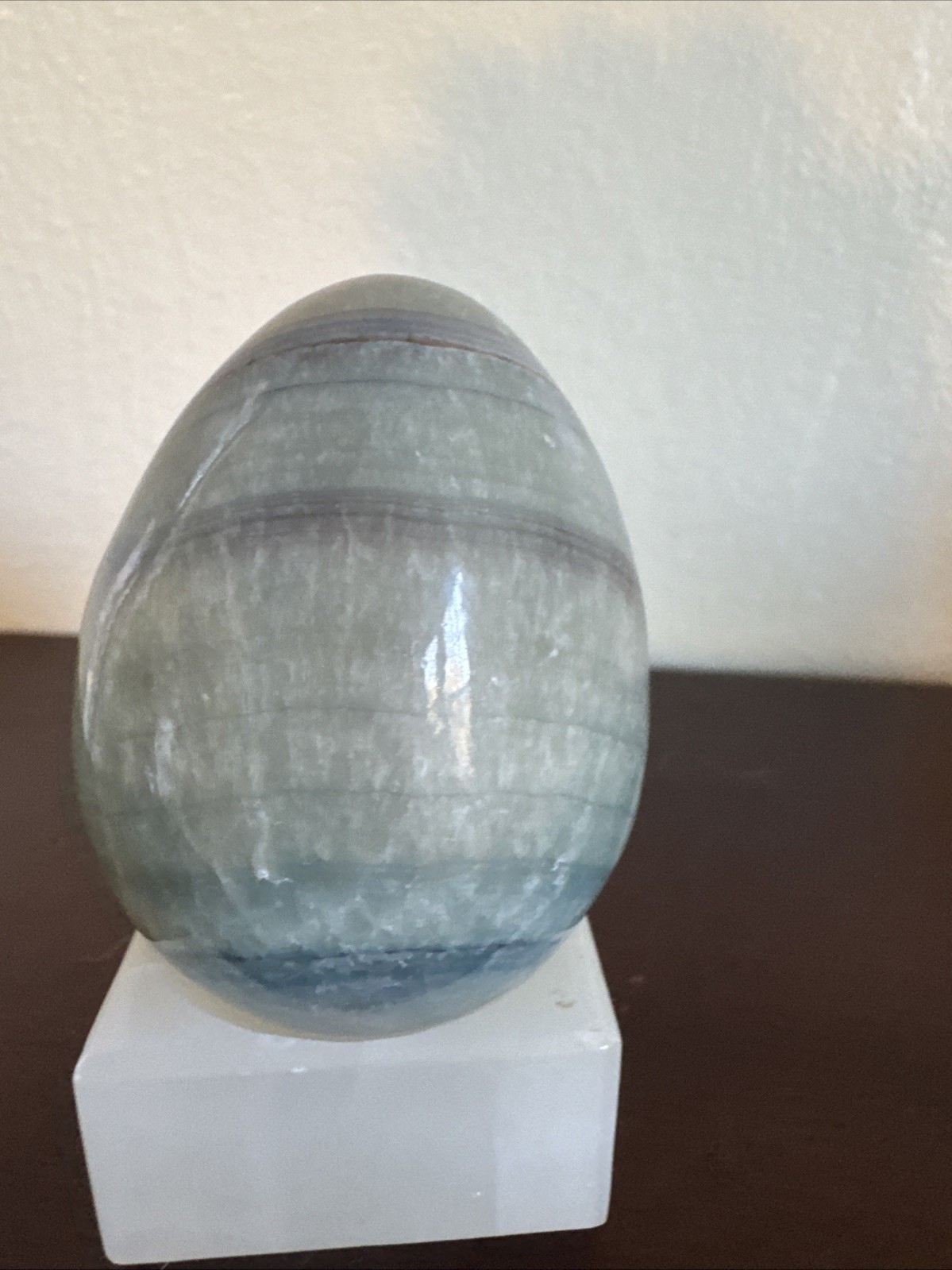 Polished Green Onyx Stone Egg Banded Calcite Decorative Display 3” w Stand