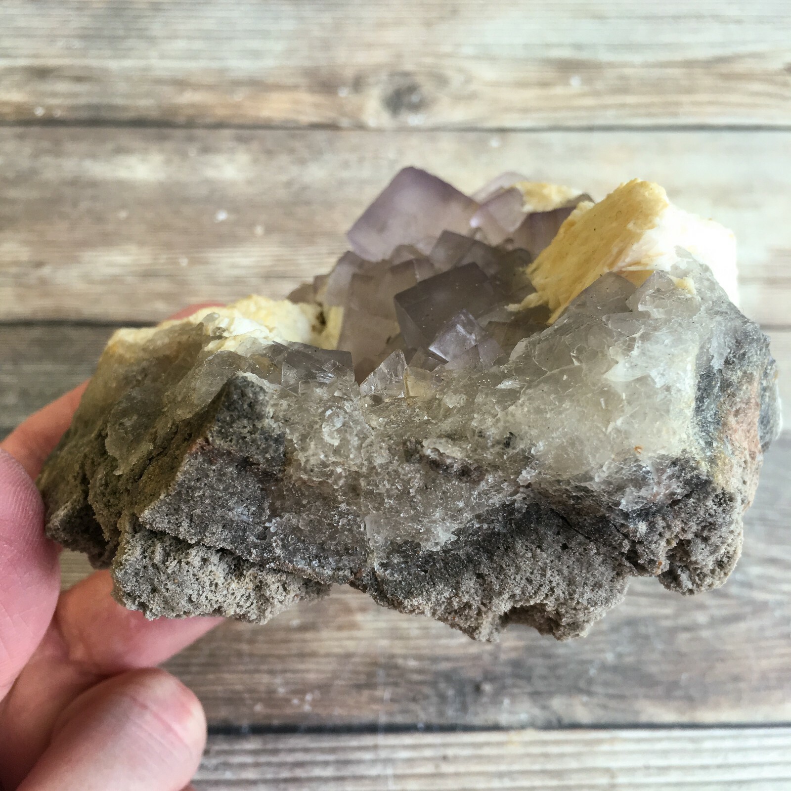 Purple (Lilac) Fluorite Crystal Cluster w/ Baryte: 3.8″ Long; 1 lb 7 oz (644 g);