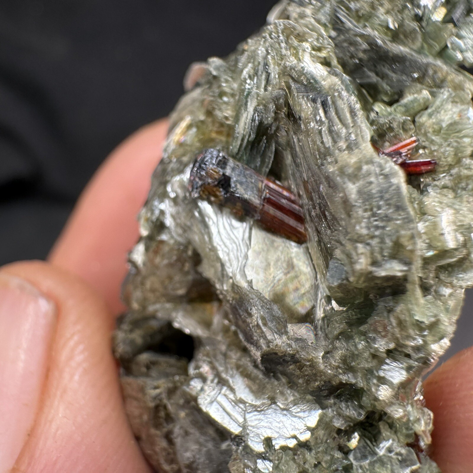 Lot of 4 Green Crystalized Mica Crystal Clusters with Rare Red Rutile Crystals