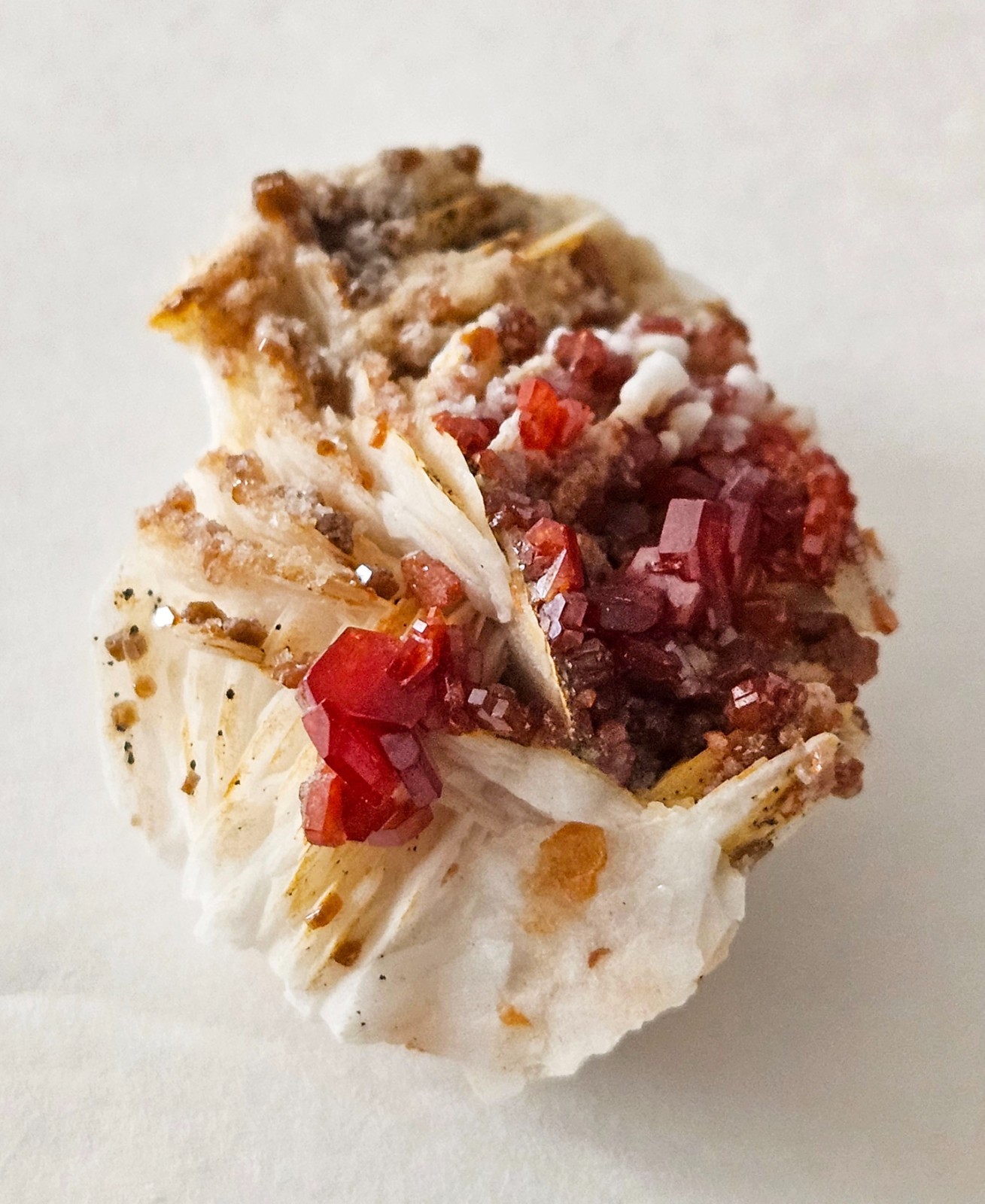 Red and Brown Vanadinite Crystals on white Barite – Mibladen, Morocco