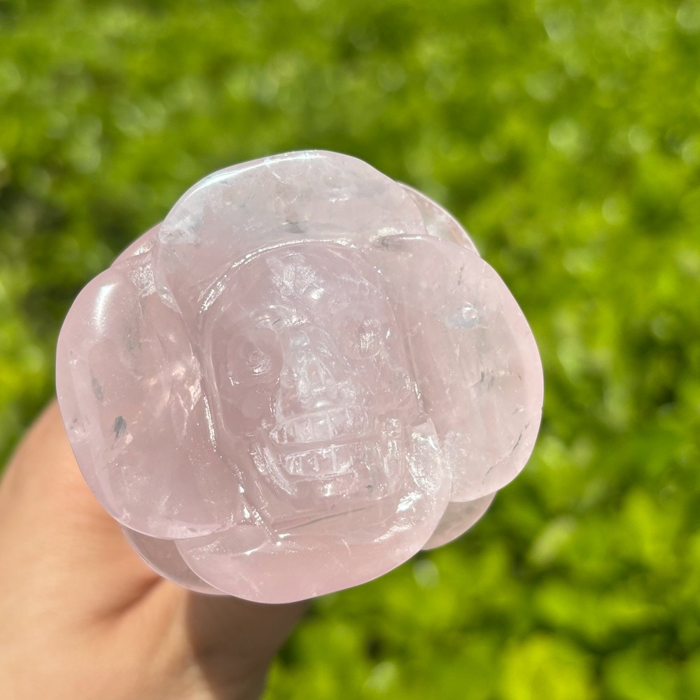 Natural Rose Quartz Flower Skull Crystal Carved Rose Skull Healing Gift 1pc