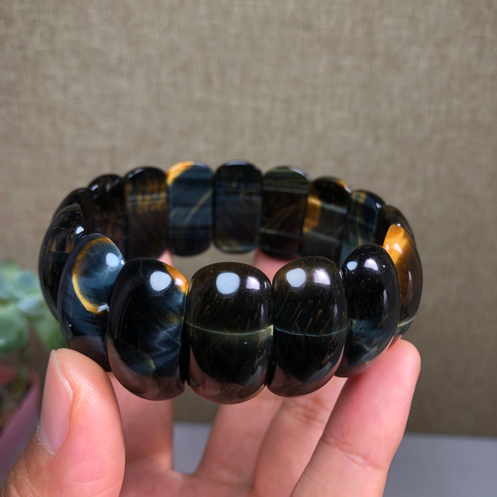 24-12-6mm Natural tiger eye slice quartz Crystal Hand cut polish bracelet A1390