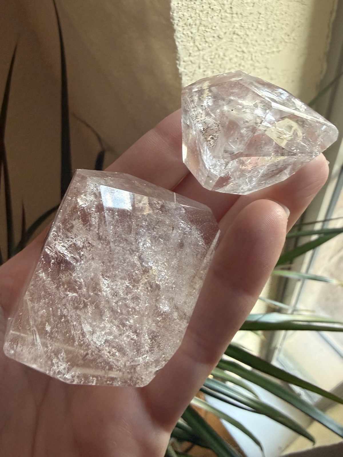 Lot Of 2 Faceted Polished HQ Clear Quartz Crystal Freeforms W/ Rainbows