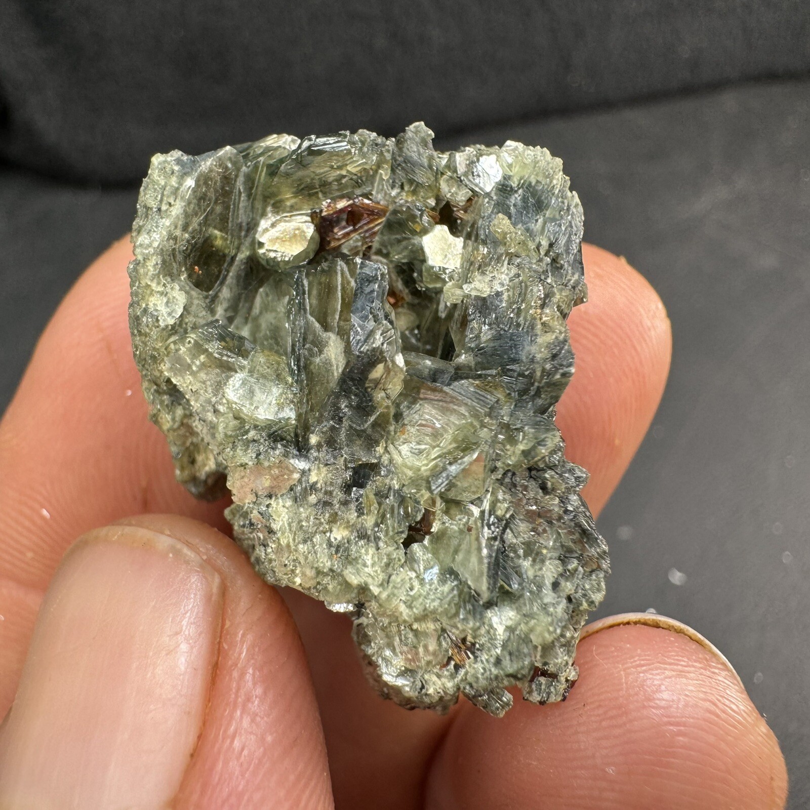 Lot of 4 Green Crystalized Mica Crystal Clusters with Rare Red Rutile Crystals