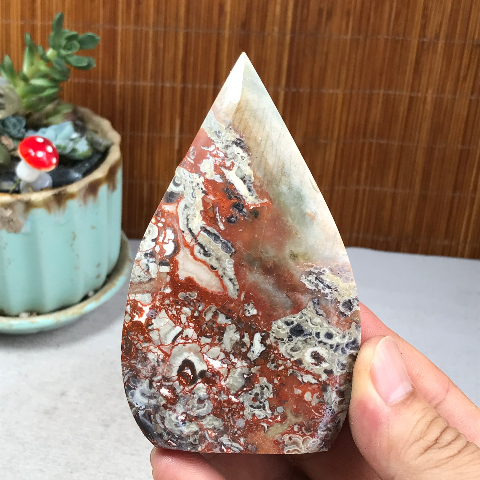 Natural money Mexico agate hand carve leaf Crystal Specimen free standing A6262