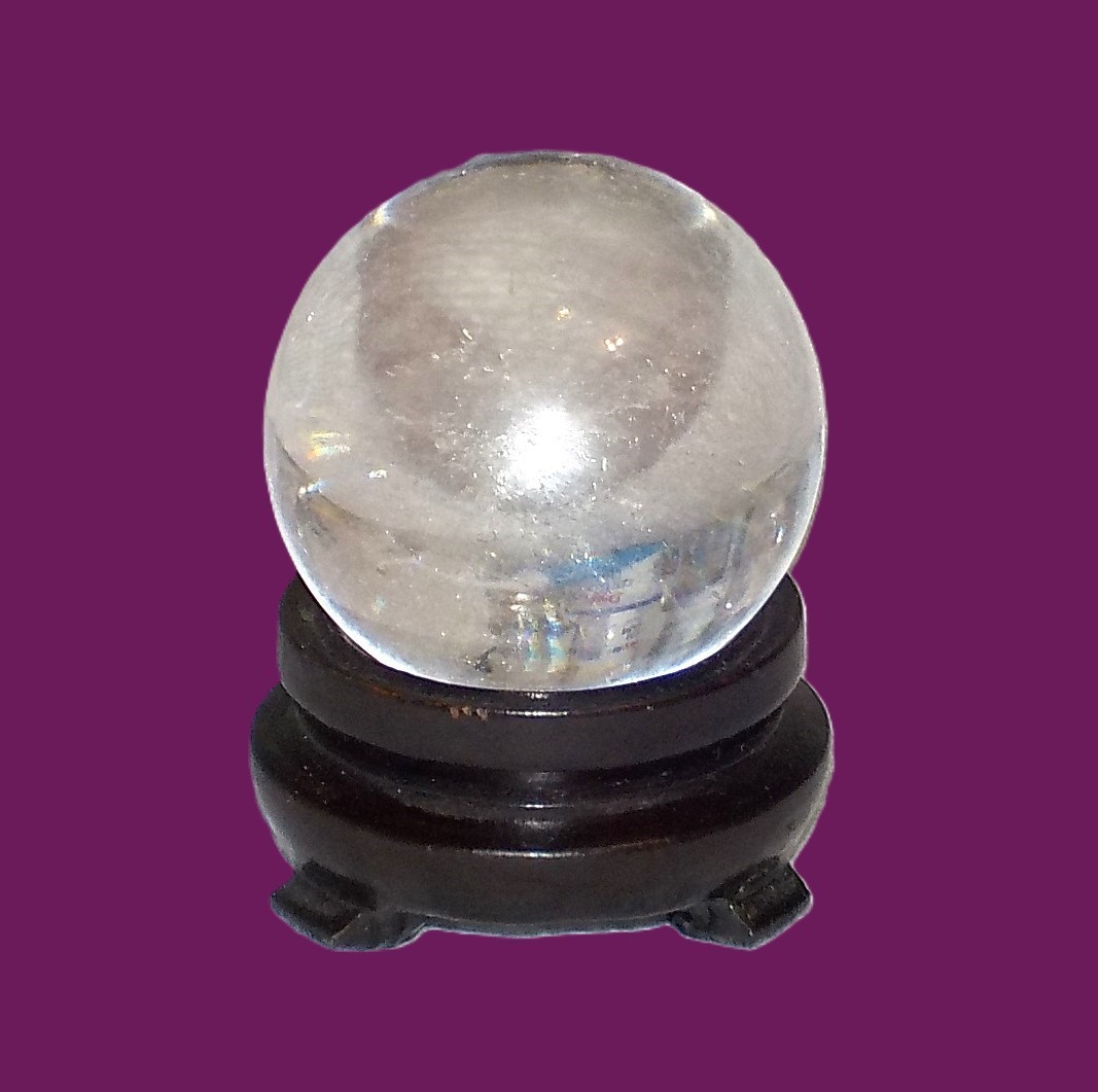Natural Quartz Crystal Ball Sphere 40mm 90gms Black Wood Stand Pool of Light